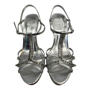 Aldo Silver Rhinestone T-Strap Heeled Sandals